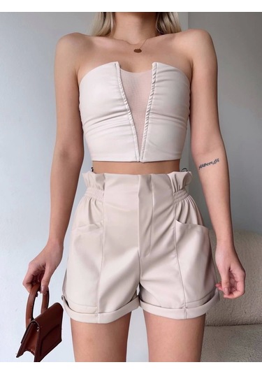 Kazax Tüllü Deri Crop Bej W24615 Bej
