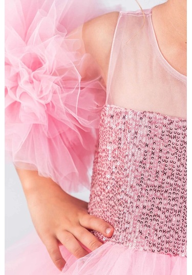 Kız Çocuk Abiye Elbise Ponpon Kol Pul Payetli Tütülü Pembe