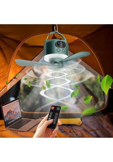 Chuangyinshop Koyu Yeşil 10400mah Şarj Edilebilir Taşınabilir Kamp Asılı Ventilatör Yelpazesi Uzaktan Kumandalı Sessiz Dört Hızlı Usb Şarj Özellikli Koyu Yeşil