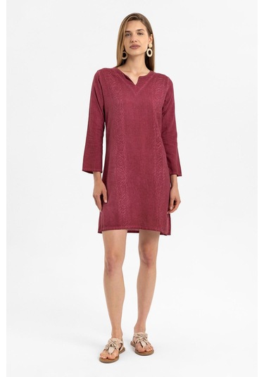 Bordo İşlemeli Uzun Kollu Astarsız Pamuklu Kısa Elbise-bordo