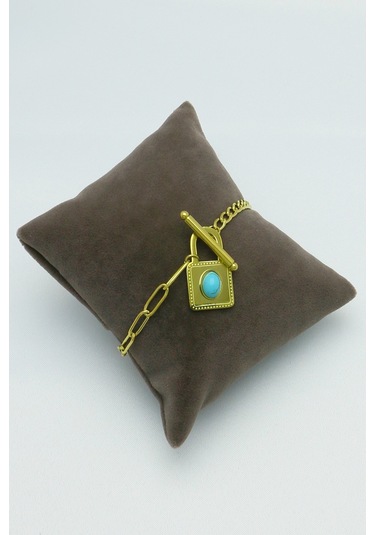 Altın Kaplama Seri Kararmaz Turkuaz Taşlı Kilit Çelik Bilek Gold Altın