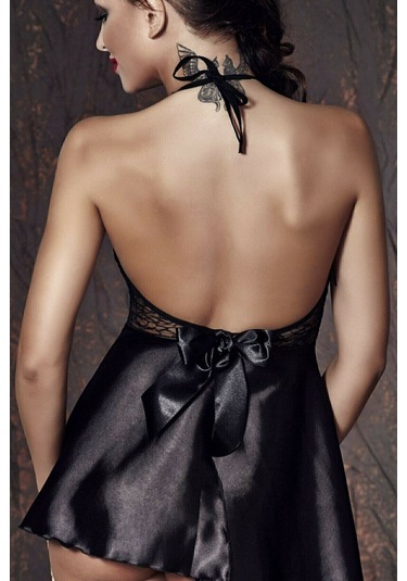 Kadın Siyah Saten Dantelli Dekolteli Gecelik Siyah