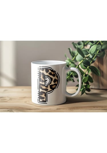 P Baş Harf Leopar Desenli Kupa Bardak - Kişiye Özel Feminen Konsept Hediye - Vahşi Hayvan Desenli Beyaz