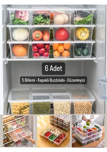 6 Adet Luna Kapaklı 5 Bölmeli Buzdolabı Düzenleyici Sebzelik - Et Şeffaf