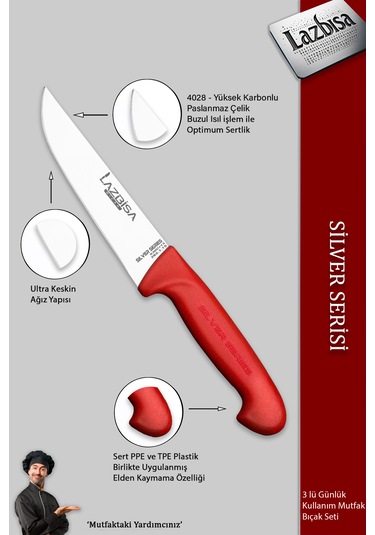 Silver Serisi 3 Lü Günlük Kullanım Mutfak Bıçak Seti Mtf-220 Kırmızı