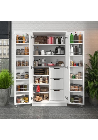 165 Derece Açılabilir 2 Kapaklı, 3 Çekmeceli, Kavanoz Raflı Kiler Ve Erzak Mutfak Dolabı Beyaz
