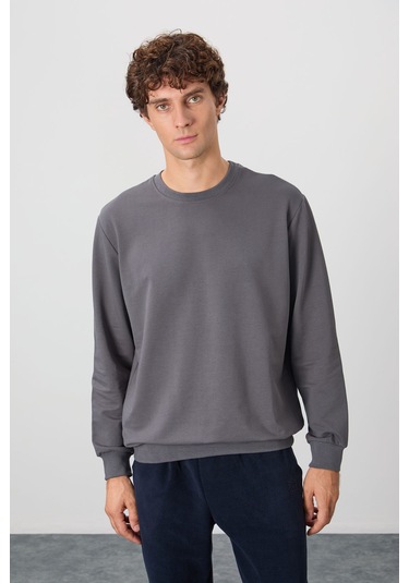 Tommy Life Koyu Gri Pamuk Yumuşak Dokulu Standart Fit Basic Erkek Sweatshirt - 88363 Koyu Gri