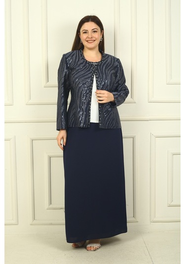 Kadın Pulpayet Ceket Yarım Ay Kollu Bluz Astarlı Krep Uzun Etek Büyük Beden 3'lü Takım Lacivert Kadın Pulpayet Ceket Yarım Ay Kollu Bluz Astarlı Krep Uzun Etek Büyük Beden 3'lü Takım Lacivert