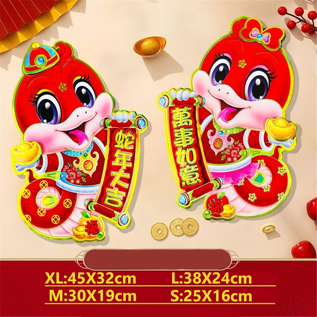 Folinda 2025 Yıl Ofisi Yılan Burcu Kırmızı Plüş Ahşap Dekoratif Duvar Sticker