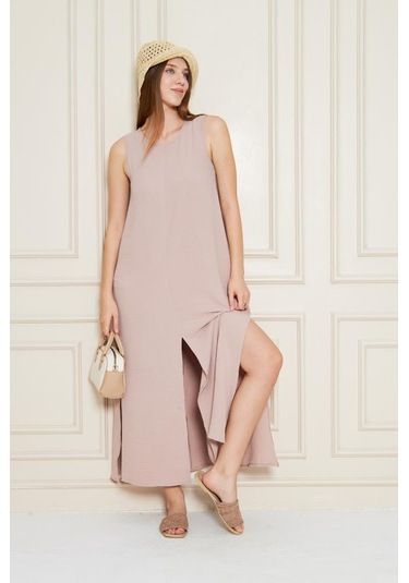Kadın Sıfır Kol Aerobin Kumaş A Kesim Yırtmaçlı Maxi Yazlık Elbise 3760330 Pudra
