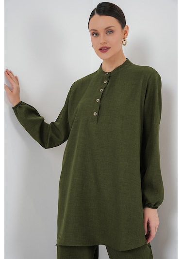 Bigdart 6678 Keten Tunik Pantolon İkili Takım - Haki
