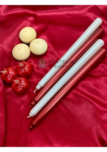 Kırmızı Beyaz Renk Sedefli Kokulu Konik Şamdan Mum - 4'lü Set
