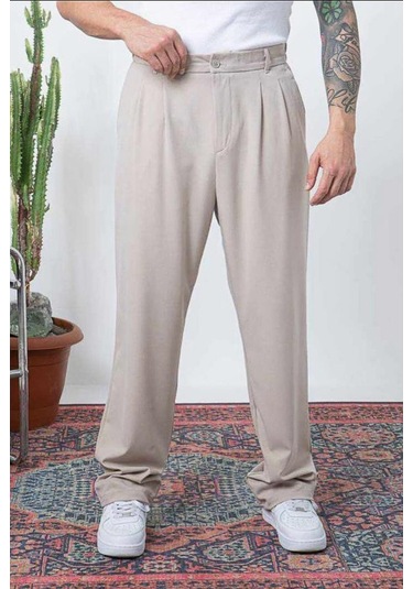 Çift Pileli Arka Beli Lastikli Geniş Paça Baggy Yazlık Kumaş Pantolon 001