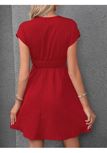 Kadın Kısa Kollu Kruvaze Yakalı Beli Lastikli Bürümcük Elbise Kırmızı