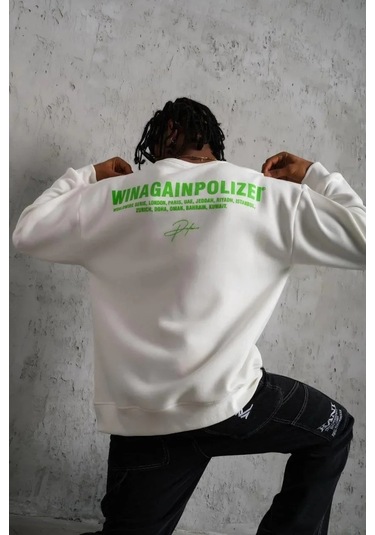 Erkek Oversize Sweatshirt Beyaz Renk Ön Ve Sırt Baskılı, Üç İplik İçi Pamuklu Kumaş, Rahat Kalıp Beyaz
