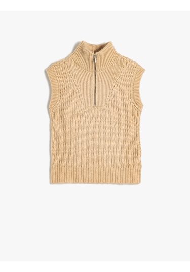 Koton Triko Süveter Kolsuz Yarım Fermuarlı Yaka Bej 5wkg90006at Ekru