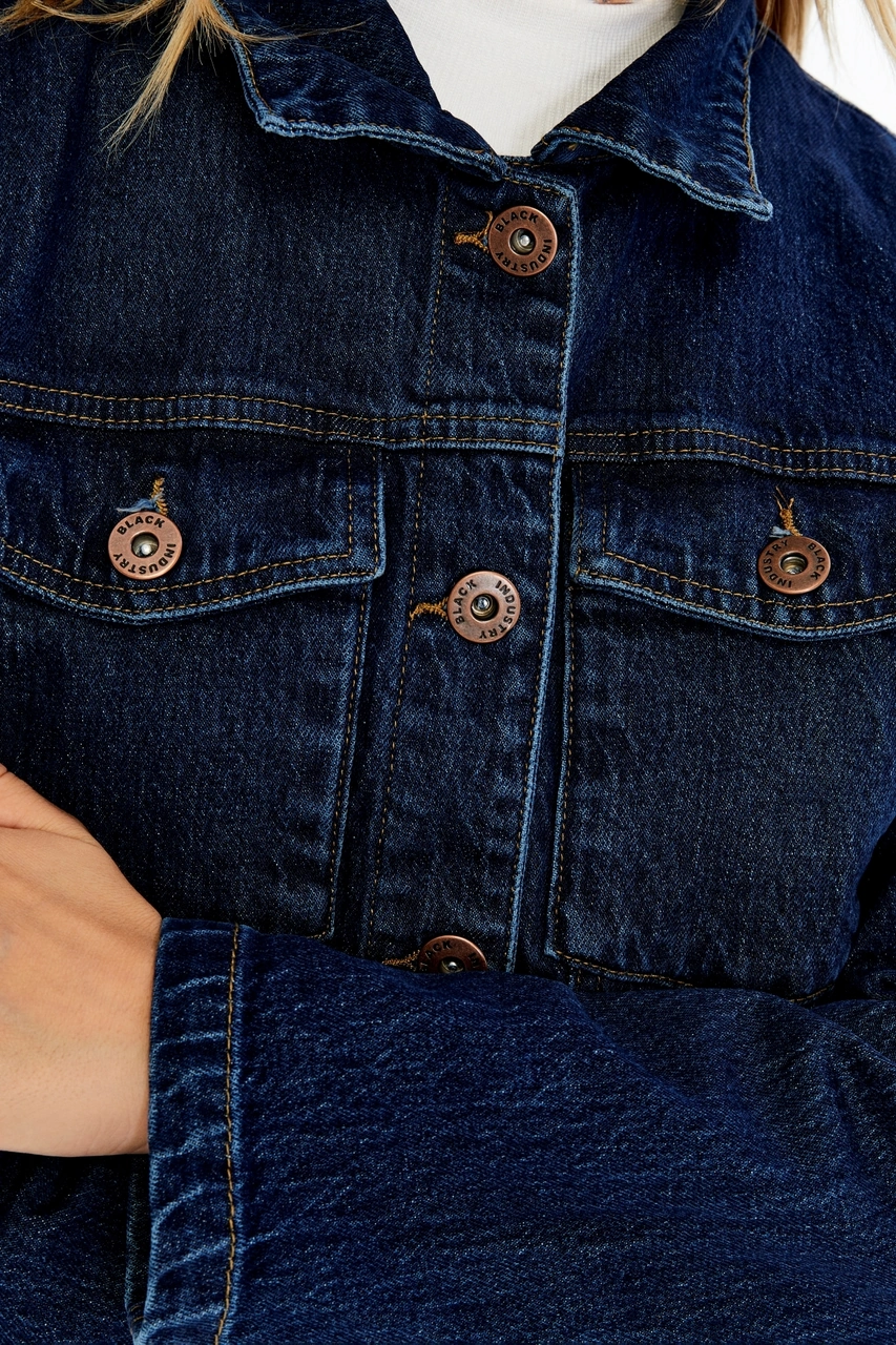 Kadın Denim Ceket Uzun Kollu Jean Ceket, Şık Ve Günlük Kombin Koyu Mavi