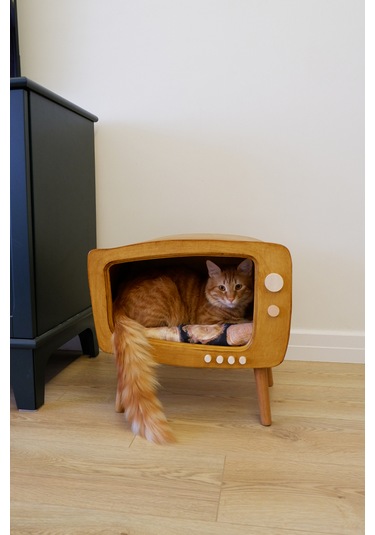 Huncar Kedi Evi Ahşap Retro Tv Dekoratif Kedi Evi İç Mekan Kediler İçin