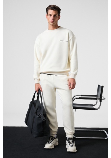 MARSHALL Erkek Pamuklu İçi Polarlı Nakışlı Relaxed Ekru Eşofman Takımı