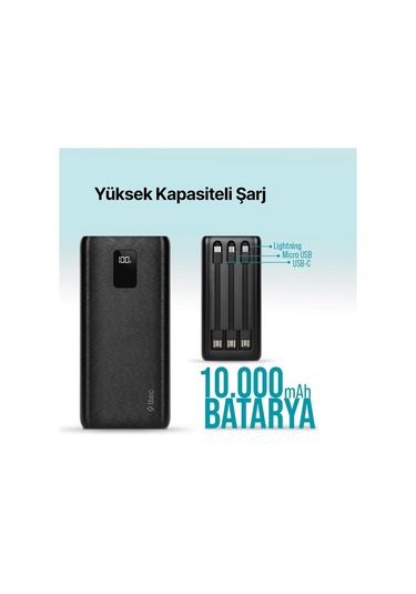 Ttec Powerslim Trio LCD 10.000 MAh PD 22.5 W Dahili Kablolu Taşınabilir Powerbank