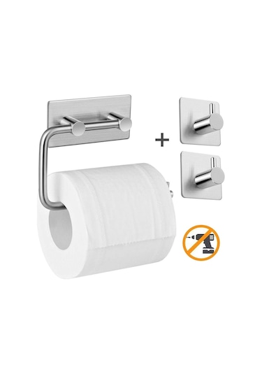 Deltahome  Paslanmaz Çelik Tuvalet Kağıtlığı Standı + 2 Askılık