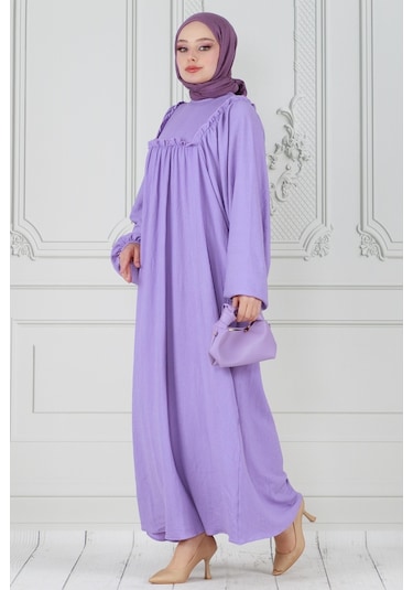 Fırfırlı Robalı Bürümcük Elbise-lila-3536-lila Lila