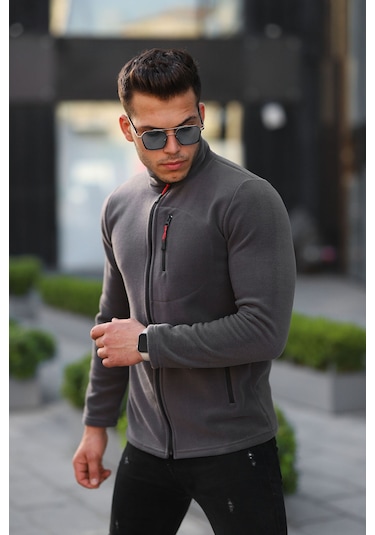 Kozik Standart Kalıp Tam Fermuarlı 3 Cepli Erkek Polar - Antrasit