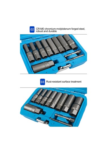 Symbee 7'li Krom Molibden Çelik Somun Sökücü Seti - 3/8" 65mm Uzun Boy, Paslı Ve Hasarlı Vidalar İçin