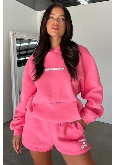 Thatsofetch Sweatshirt - Pembe Baskılı Oversize Kapüşonlu Pembe