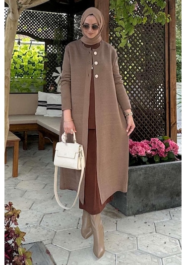 Sinem Çelik Örme Triko Hırka Sütlü Kahve Çok Renkli