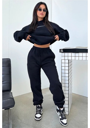 Thatssofetch Eşofman Takımı Sweatshirt Jogger - Siyah Baskılı Oversize Şardonlu Kapüşonlu Koyu Siyah-265251
