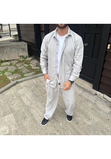 Erkek Kadife Oversize Takım - Gömlek Ve Pantolon İkili Set Füme Corduroy Şıklığı, Rahat Ve Zarif Duruş Yumuşak Dokulu Kadife Kumaş, Düğmeli Gömlek Üst Ve Lastikli Pantolon Alt Parça İle Gün Boyu Konfor- Gri Çok Renkli