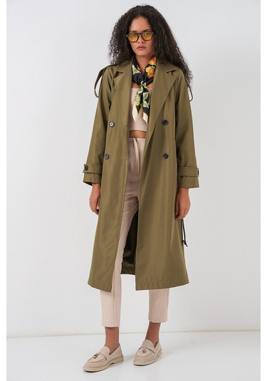 5941 Kruvaze Yaka Uzun Trençkot - Haki haki