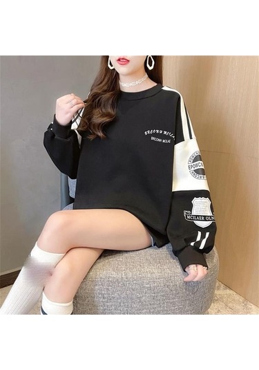 Novahub Yeşil Gevşek Dikiş Hoodie Kadın Yuvarlak Boyun Kadın Hoodies & Sweatshirt Sonbahar Kış Üstü Yeşil