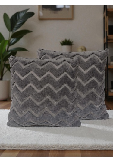 İskandinav Stil Peluş Yumuşak Dokulu Dekoratif Kırlent Kılıfı 2 Li Set 43x43 Cm Antrasit Zigzag