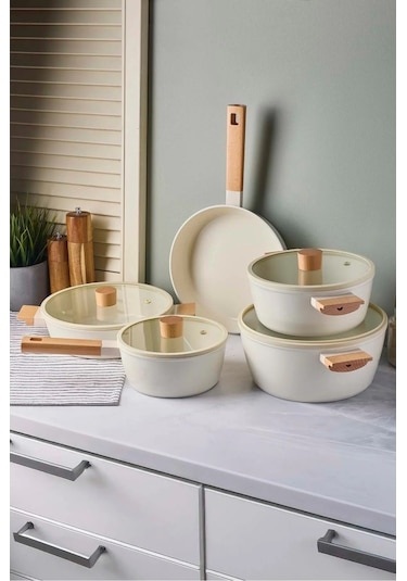 Cookwood Beige 9 Parça Tencere Tava Seti Indüksiyon Tabanlı Ahşap Saplı 18081 Bej