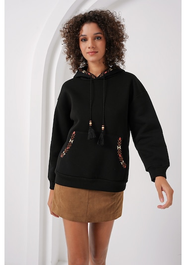 Bigdart 55443 Nakışlı Oversize Sweatshirt - Siyah