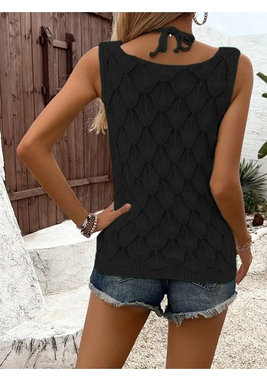 Leyla Sanat Sanata Yeni Bir Bakış Açısı Kadın Askılı Yakalı Desenli Triko Bluz Siyah