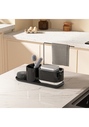 Dancemonkey El Ve Bulaşık Sabunluk Seti - Süngerli Bez Tutuculu Basmalı Sıvı Organizatör Siyah Siyah