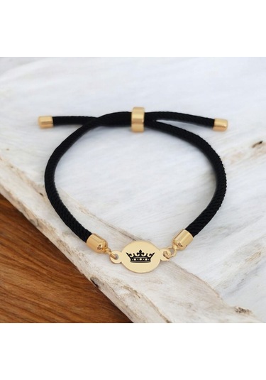 14 Ayar Altın Plakalı Oval Motifli İpek Örgülü Kraliçe Sembollü Hediye Bileklik-320sembol-siyah Altın