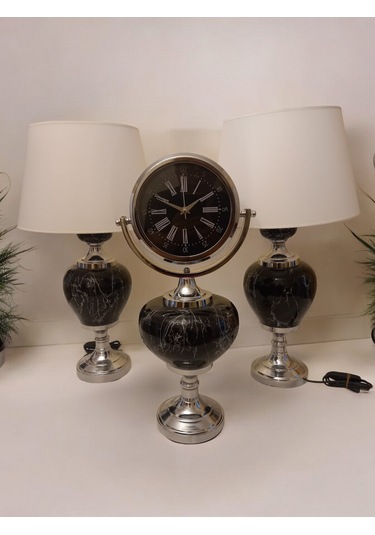 2'li Abajurlu Saatli Set Dekoratif Analog Saat - Siyah Siyah