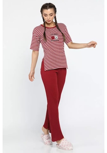 Lukitus Kısa Kollu İnce Triko Desenli Kırmızı