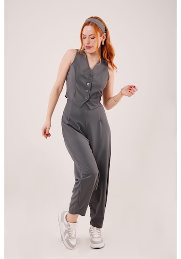 Gülsüm Aydın Önü Düğmeli Gri Yelek Gri