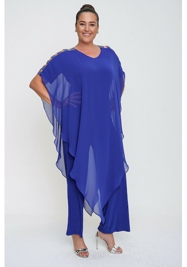 Kadın Tulum Büyük Beden Kol Taş Şeritli Şifon Üstlü Saks