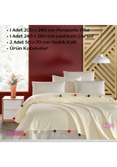 Madam Marica Krem Renkli Çift Kişilik Ponponlu Pike Takımı