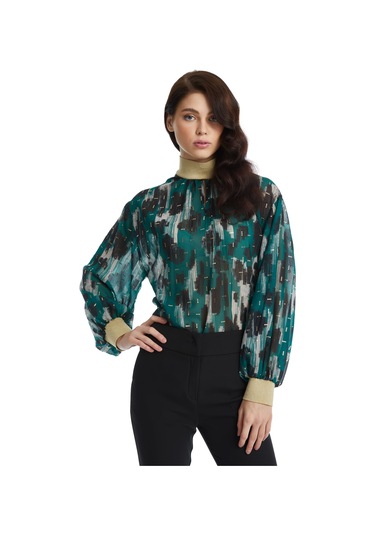 Parlak Detaylı Desenli Balon Kol Bluz Modern Yaka Ve Lastikli Bilek Tasarımıyla Şık Seçim Petrol
