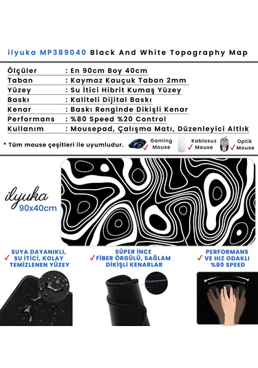 İlyuka Mousepad 90x40cm Büyük Boy Xxl Black And White Top. Map