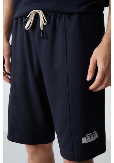 Lacivert Pamuklu Kalın Yumuşak Dokulu Oversize Fit Basic Erkek Şort Takım - 85259