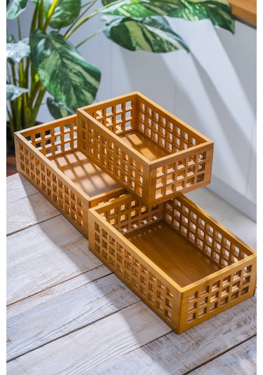 Bambu 3 Lü Dikdörtgen Organizer Kutu Kahverengi