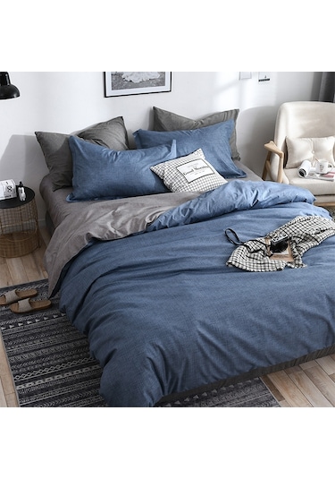 Sones Yatak Takımı Düz Ekose Yan Yatak Yorganı Yorgan Kılıfı Çarşaf Takımı, Boyut: 135 200cm 1xyastık Kılıfı, 1xyorgan Mavi